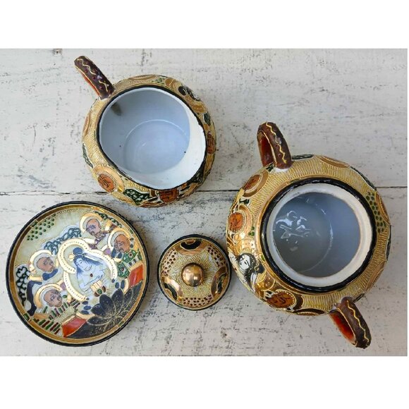 Stunning Vintage Japanese Gold Gilded Hand Painted Satsuma Moriage Tea & Sugar s - Picture 3 of 13